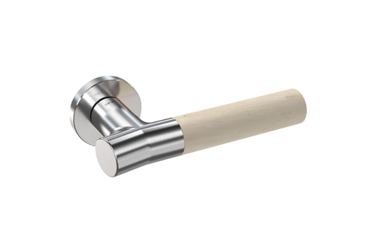 Product picture of the Wood Nature Brushed Chrome Birch Door Handle on a white background.