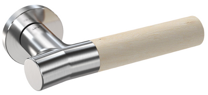 Up close product picture of the Wood Nature Brushed Chrome Birch Door Handle on a white background.
