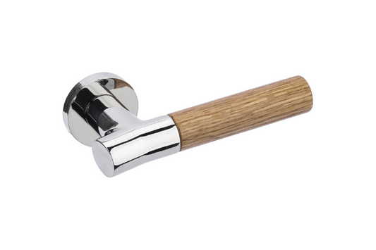 Product picture of the Wood Nature Polished Oak Door Handle on a white background.