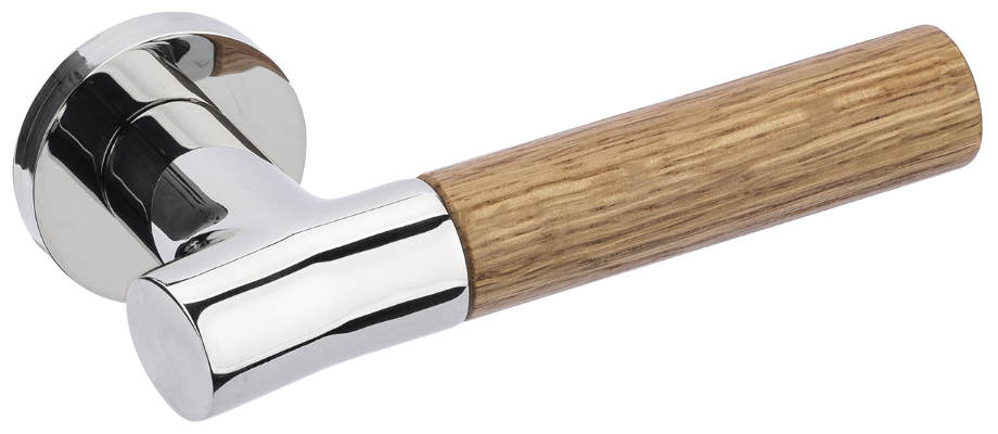 Up close product picture of the Wood Nature Polished Oak Door Handle on a white background.