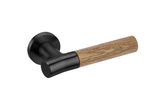 Product picture of the Wood Nature Matt Black Oak Door Handle on a white background.
