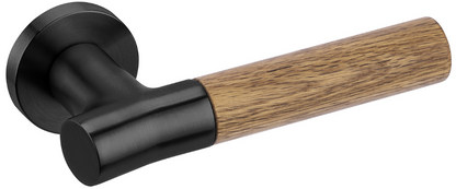 Up close product picture of the Wood Nature Matt Black Oak Door Handle on a white background.