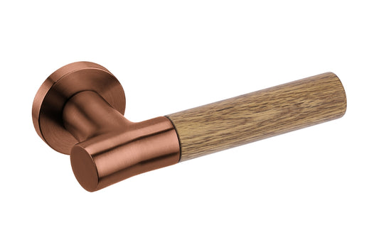 Product picture of the Wood Nature Titanium Copper Oak Door Handle on a white background.