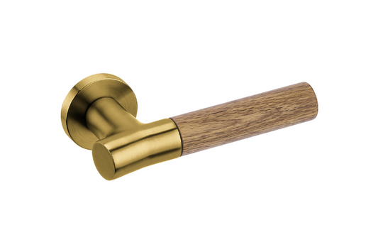 Product picture of the Wood Nature Satin Brass Oak Door Handle on a white background.