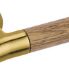 Up close product picture of the Wood Nature Satin Brass Oak Door Handle on a white background.