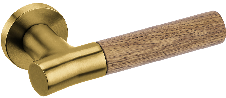 Up close product picture of the Wood Nature Satin Brass Oak Door Handle on a white background.