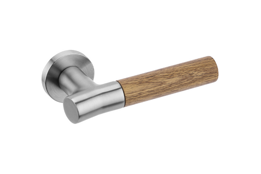 Product picture of the Wood Nature Brushed Chrome Oak Door Handle on a white background.
