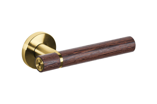 Product image of a door lever on a white background. The lever handle is the Architectural Choice Wenge Satin Brass Door Handle.