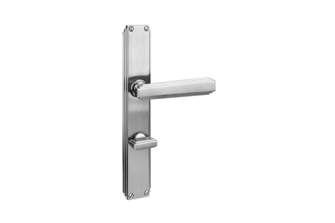 Art Deco Collection On Plate Stainless Privacy handle — premium art deco door hardware on a white background.