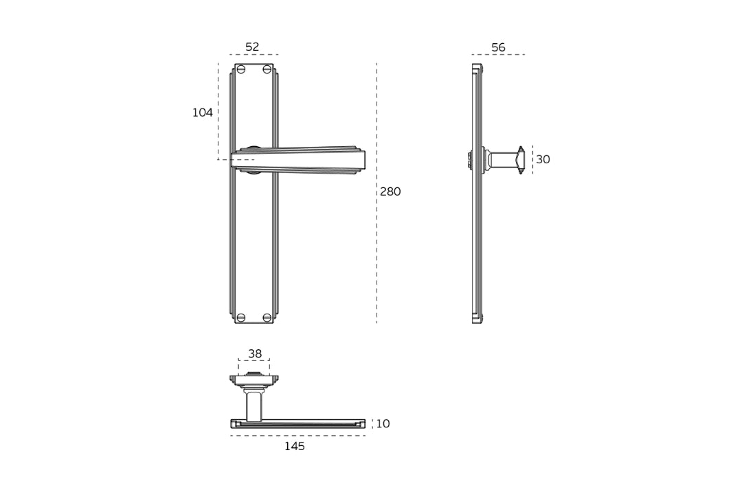 Specification drawing of the Art Deco Collection On Plate handle — premium art deco door hardware on a white background.