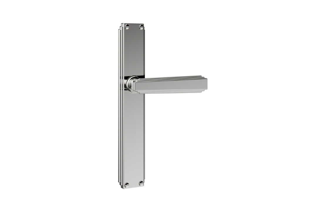 Art Deco Collection On Plate Polished Passage handle — premium art deco door hardware on a white background.