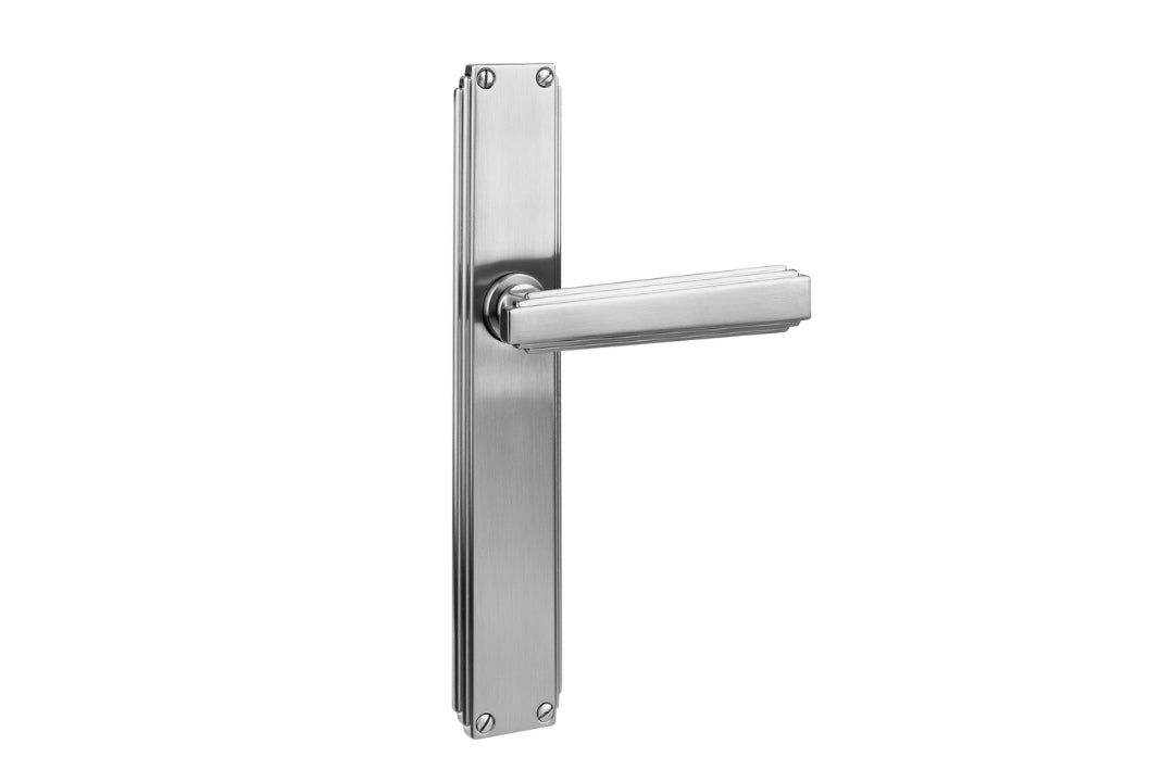Art Deco Collection On Plate Satin Stainless Passage handle — premium art deco door hardware on a white background.