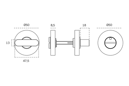 Specification drawing with measurements of the JNF Satin Stainless Steel Privacy Turn and Release IN.04.112.