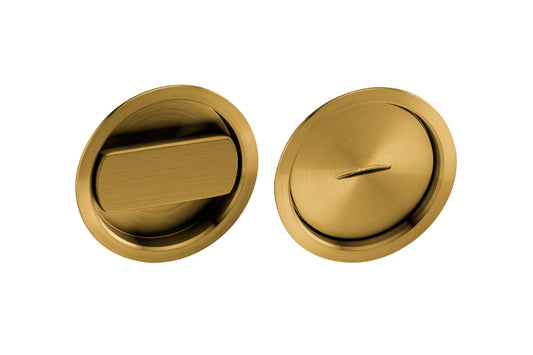 Product image of the Satin Brass Flush Pull Privacy on a white background.