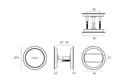 Black specification line drawing of the Satin Stainless Steel Flush Pull Privacy by Architectural Choice on a white background.