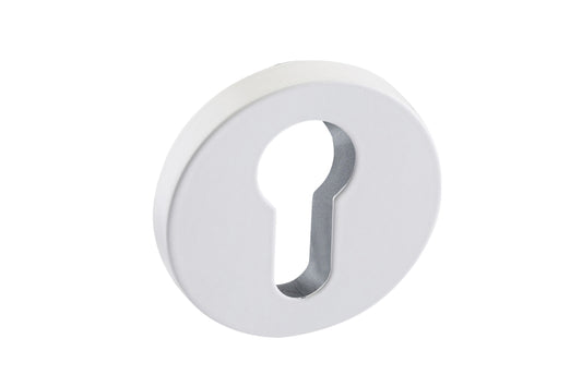 Product image of the White Euro Escutcheon 50mm Round on a white background.