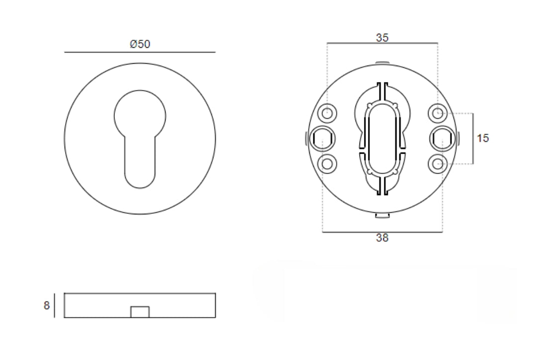 Black architectural specification drawing with measurements of the Satin Brass Euro Escutcheon 50mm Round on a white background.