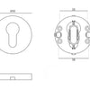 Black architectural specification drawing with measurements of the Antique Brass Euro Escutcheon 50mm Round on a white background.