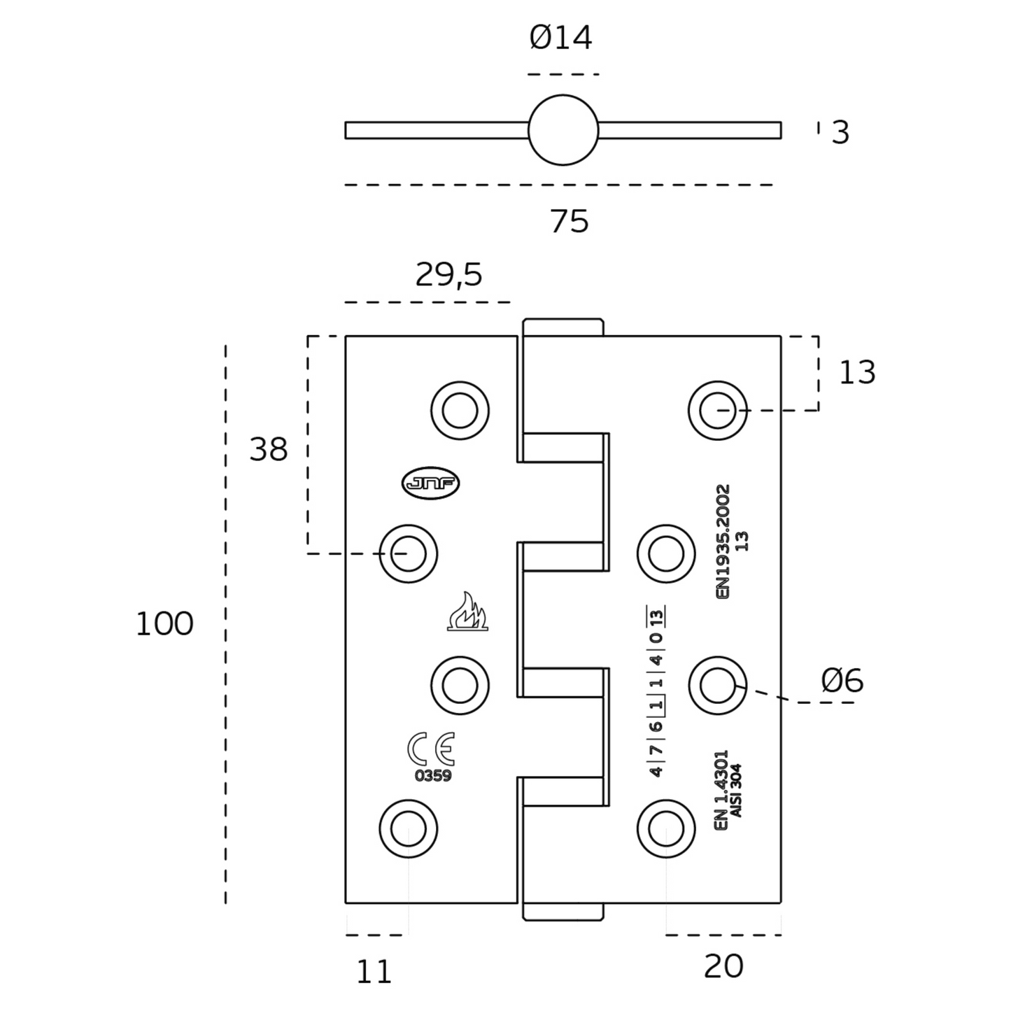 Specification drawing with measurements of the IN.05.020.100.CF Ball Bearing Hinge 100x75mmx3mm on a white background.