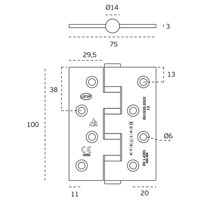 Specification drawing with measurements of the IN.05.020.100.CF Ball Bearing Hinge 100x75mmx3mm on a white background.