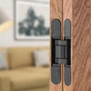 Insitu image of the IN.05.061.B Coplan Hinge on a wooden door with a blurred out background.