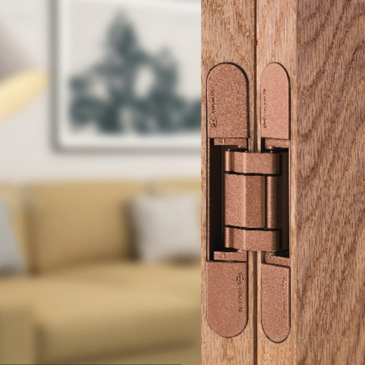 Insitu image of the IN.05.061.SC invisible hinge installed on a wooden door with a blurred background.