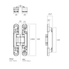 Black architectural specification drawing with measurements of the IN.05.061.B 3D Adjustable Concealed Hinge 150 Black on a white background.