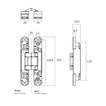 Black architectural specification drawing with measurements of the IN.05.061.B 3D Adjustable Concealed Hinge 150 Black on a white background.