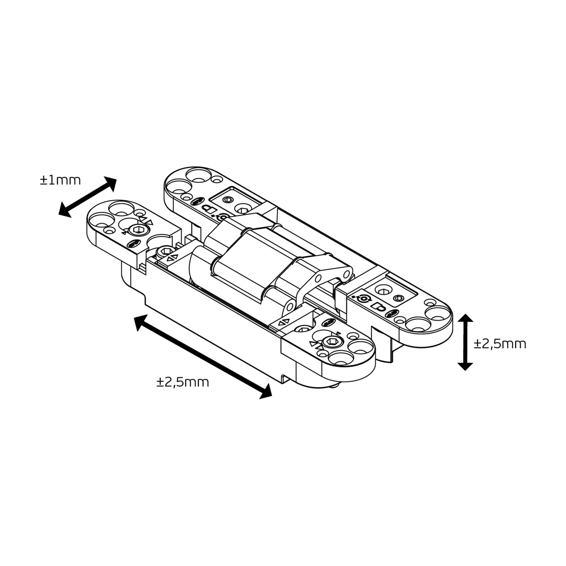 Black architectural line drawing with measurements showing where the three measurement adjustments can happen with this hinge.