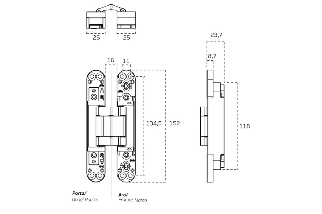 Black architectural specification drawing with measurements of the IN.05.061.W 3D Adjustable Concealed Hinge 150 White on a white background.