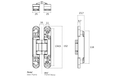 Black architectural specification drawing with measurements of the IN.05.061.W 3D Adjustable Concealed Hinge 150 White on a white background.