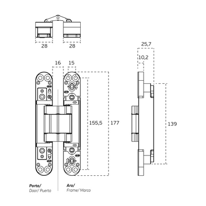 Black architectural specification drawing with measurements of the IN.05.062.B 3D Adjustable Concealed Hinge 175 Black on a white background.