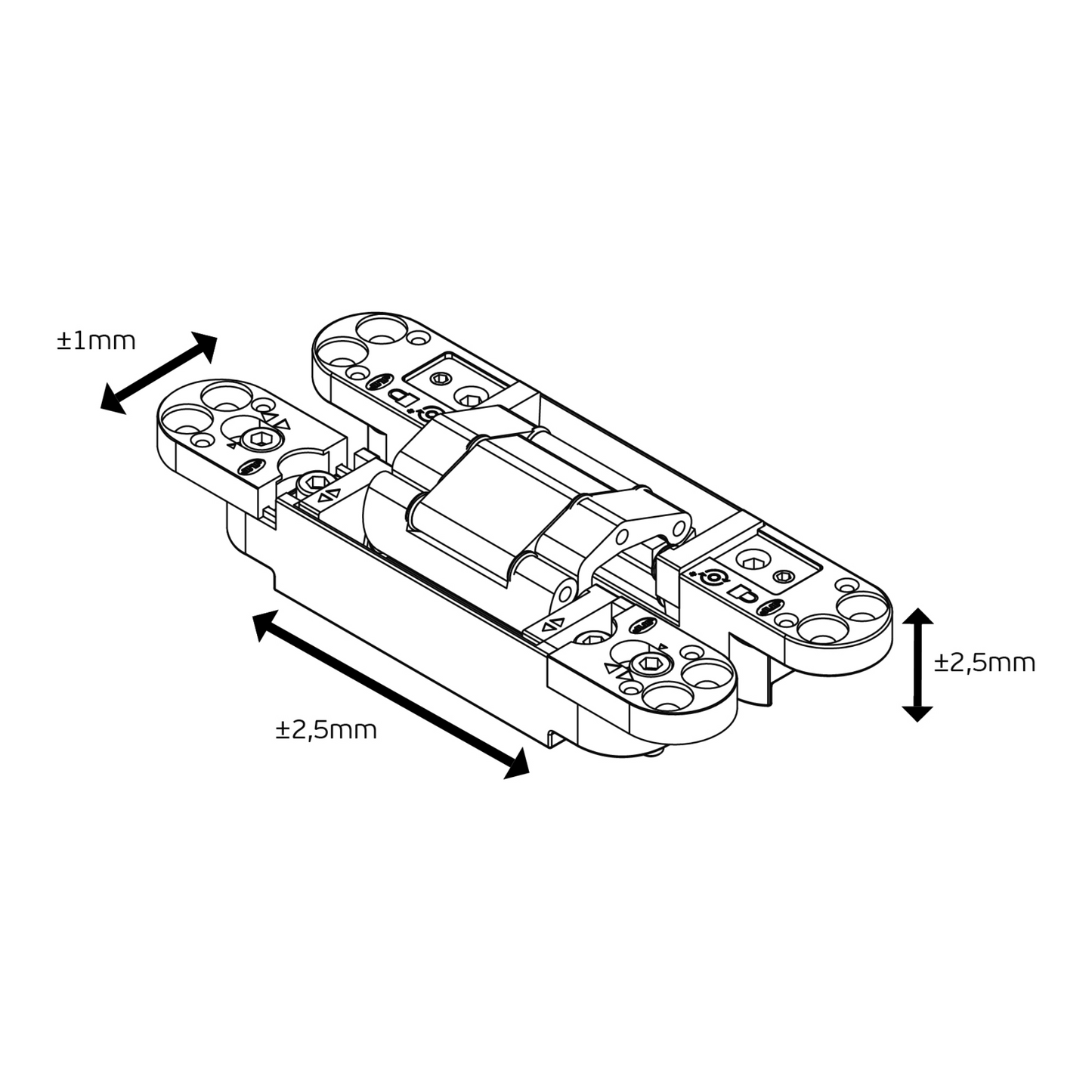 Black architectural specification drawing with measurements of the IN.05.062.B 3D Adjustable Concealed Hinge 175 Black on a white background. This shows how large the adjustment can be made.