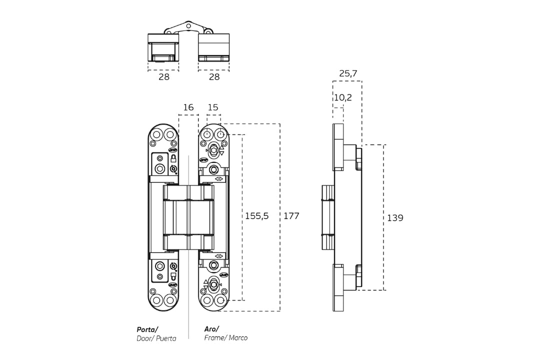 Black architectural specification drawing with measurements of the IN.05.062.B 3D Adjustable Concealed Hinge 175 Black on a white background.