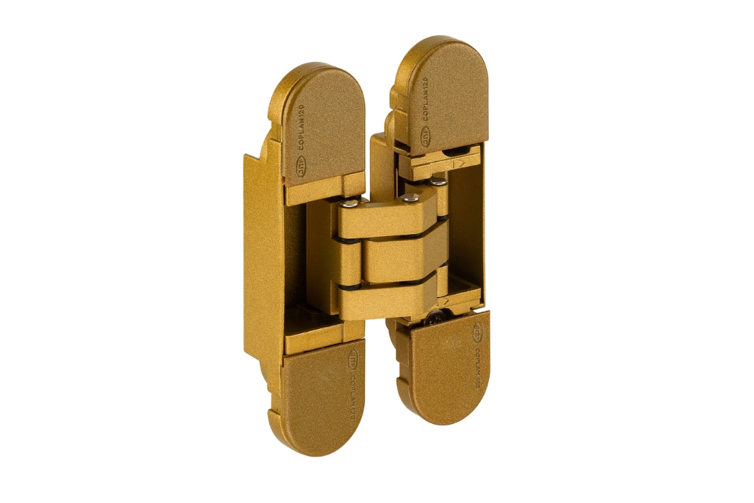 Product image of the IN.05.064.SG 3D Concealed Hinge 120 Gold on a white background.