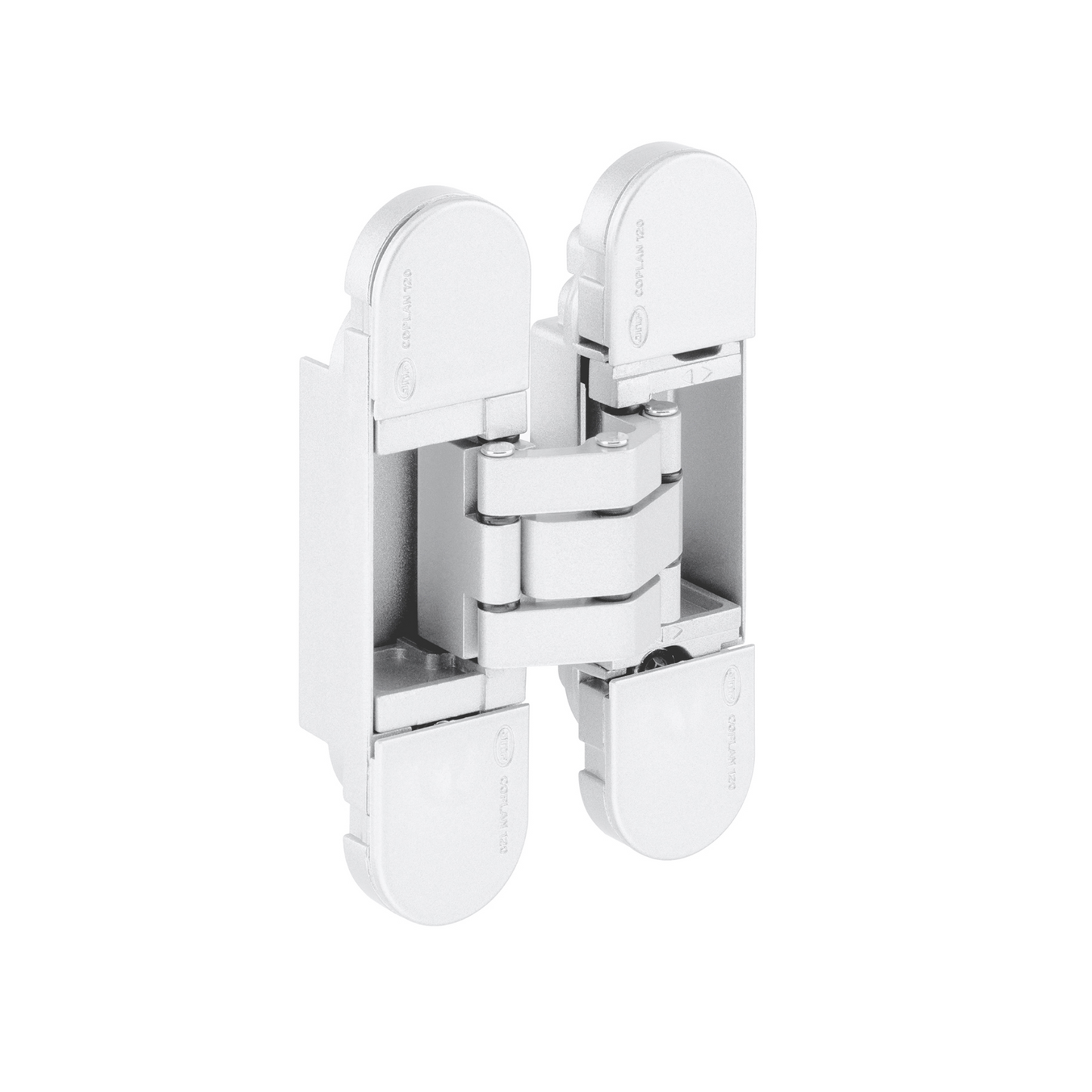 Product image of the IN.05.064.W 3D Concealed Hinge 120 White on a white background.