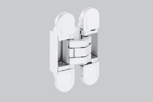 Product image of the IN.05.064.W 3D Concealed Hinge 120 White on a grey background.