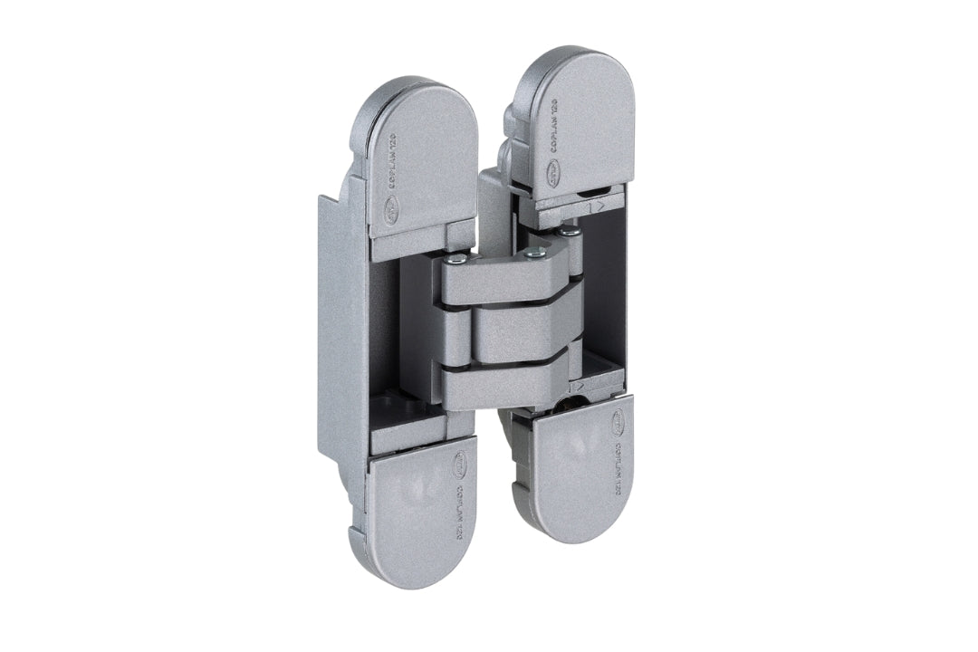 Product image of the IN.05.064 3D Concealed Hinge 120 Grey on a white background.