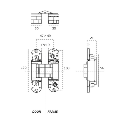 Black specification line drawing with measurements of the IN.05.064 120 series invisible hinges on a white background.