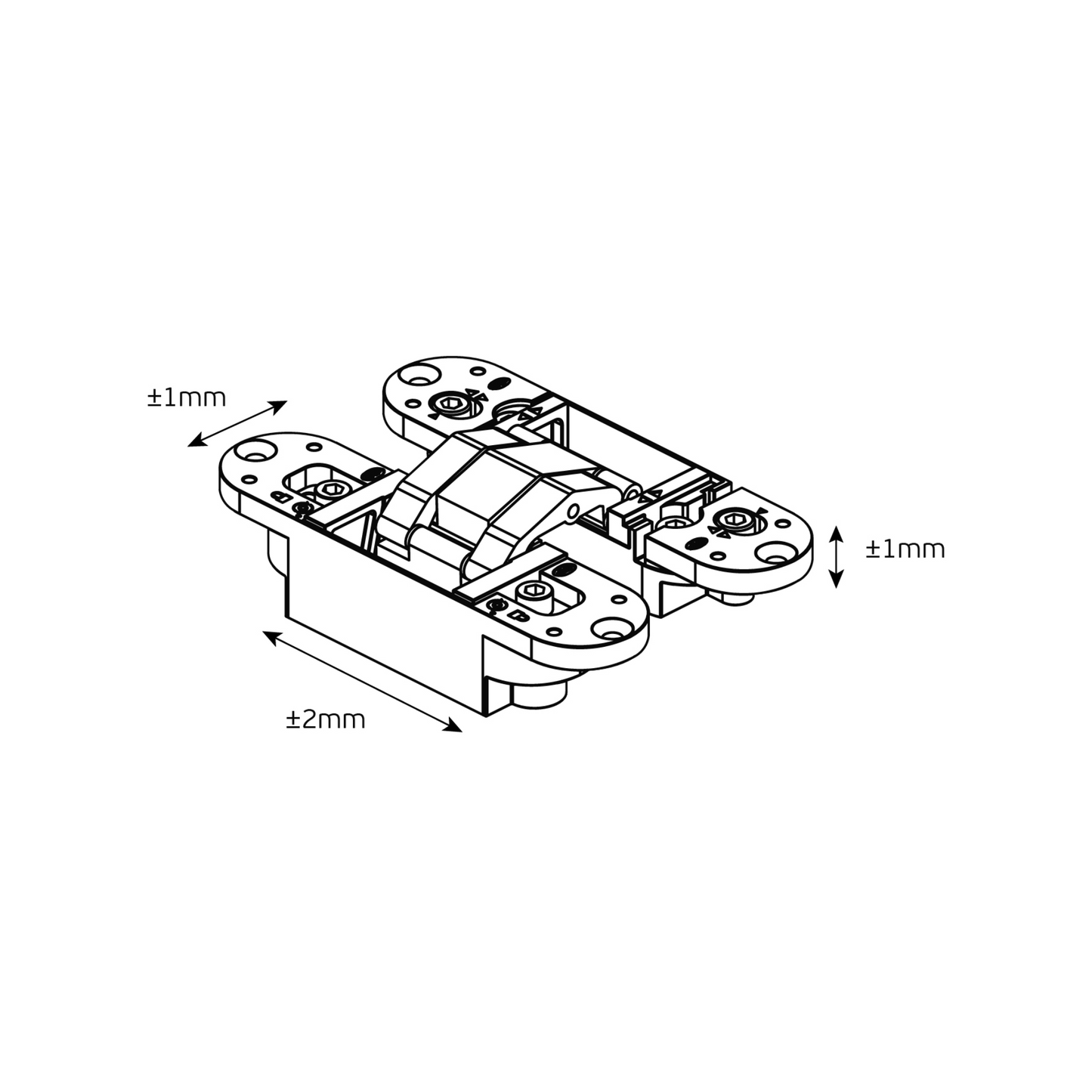 Black specification drawing with measurements of the IN.05.064 120 series invisible hinges on a white background.