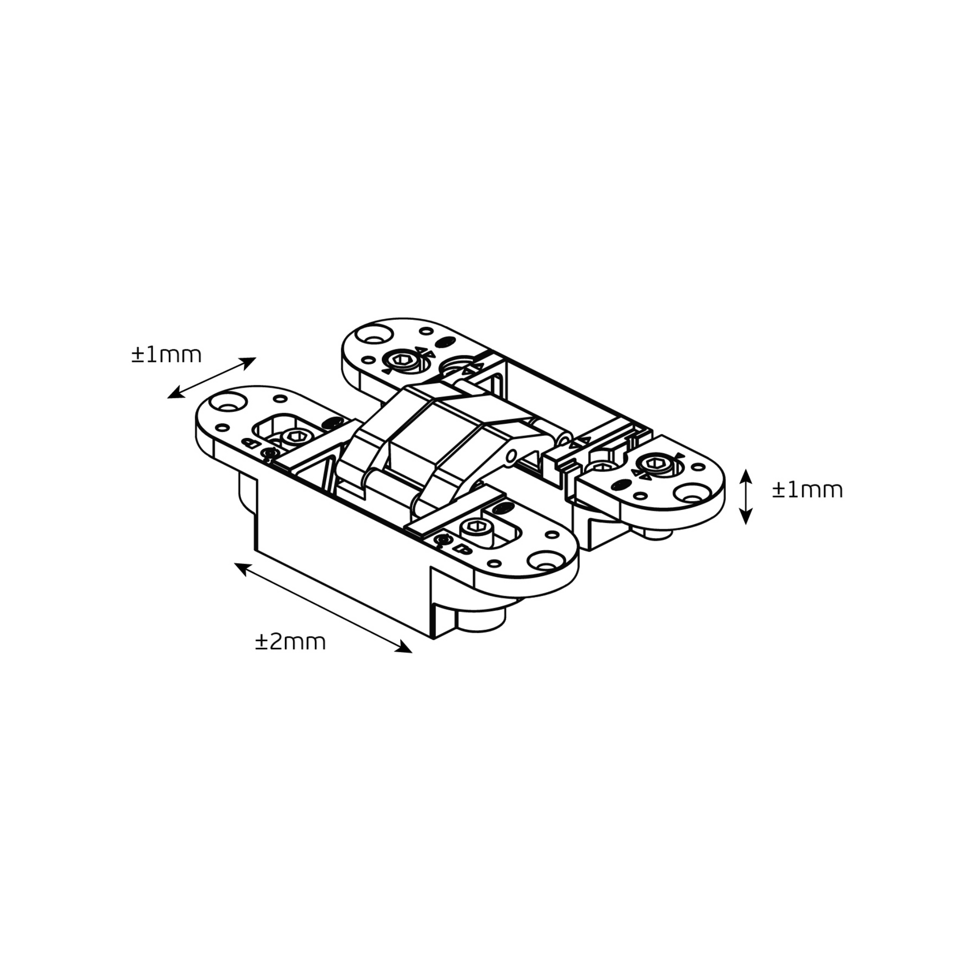 Black specification drawing with measurements of the IN.05.064 120 series invisible hinges on a white background.