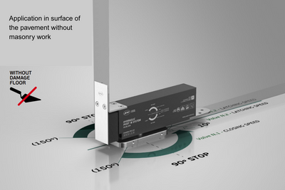 Picture of the JNF Hydraulic Pivot 100 Edge installed on a door with graphic showing how far the pivot hinge can move.