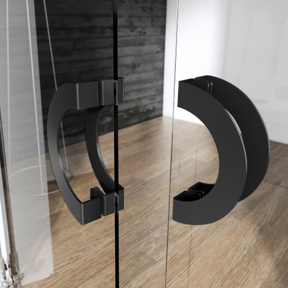 Picture of the Arc Matt Black Pull Handle on a set of glass French doors with a wooden floor in the background.