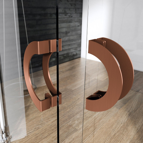 Picture of the Arc Titanium Copper Pull Handle on a set of glass French doors with a wooden floor in the background.