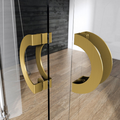 Picture of the Arc Satin Brass Pull Handle on a set of glass French doors with a wooden floor in the background.