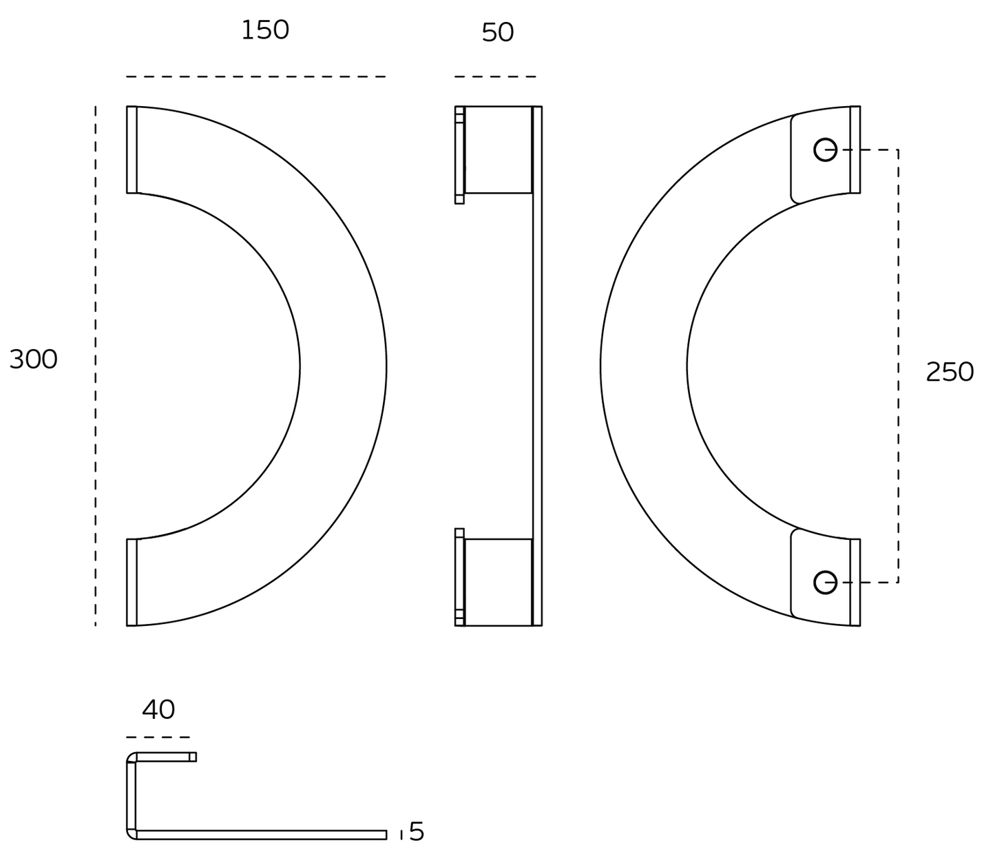 Black specification line drawing of the Titanium Copper Arc Pull Handle on a white background.