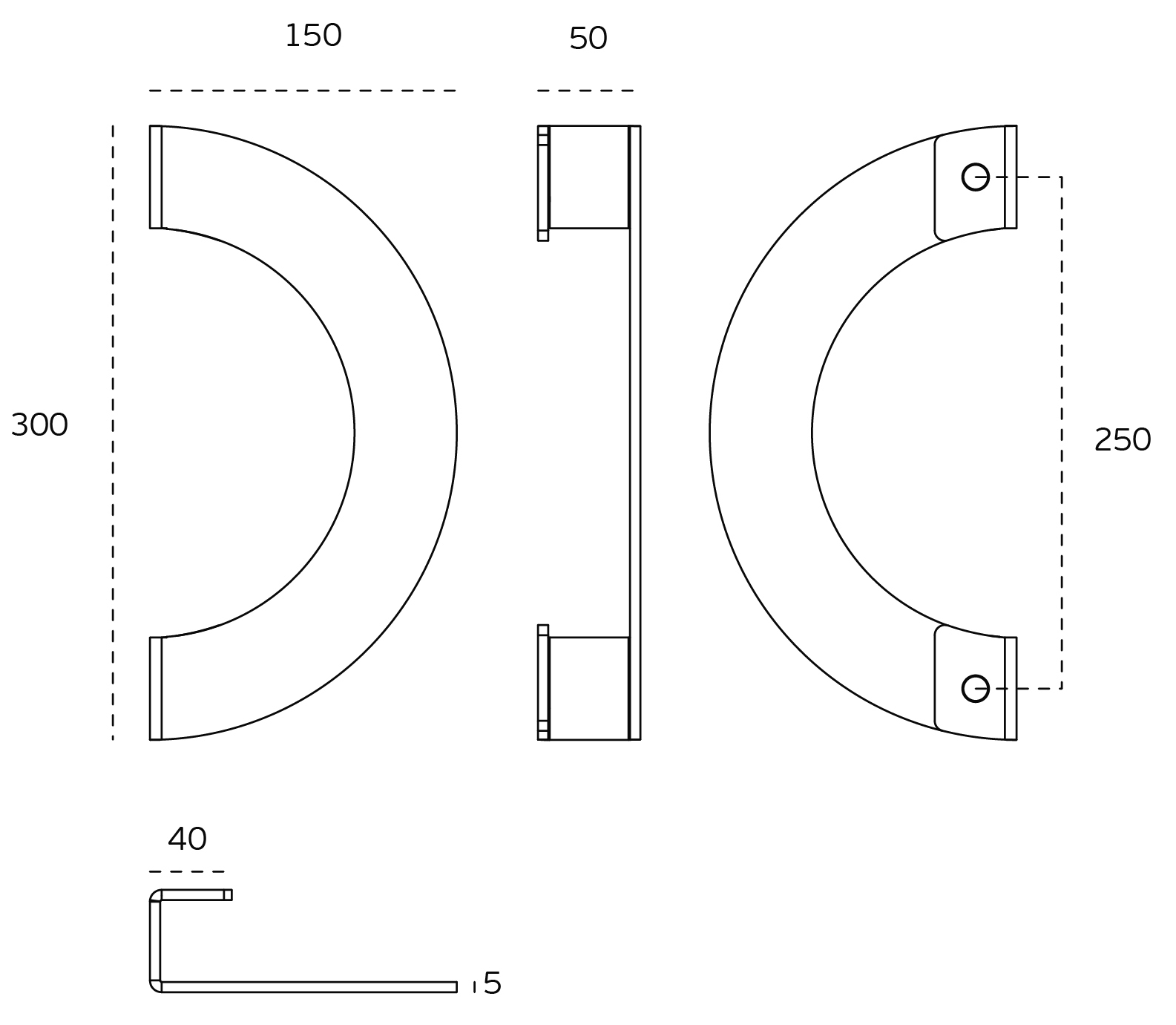 Black specification line drawing of the Titanium Copper Arc Pull Handle on a white background.