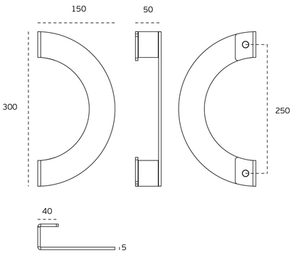 Black specification line drawing of the Titanium Copper Arc Pull Handle on a white background.