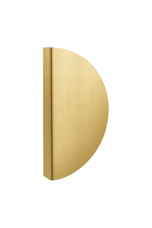 Product picture of the Satin Brass Half Moon Pull Handle on a white background.