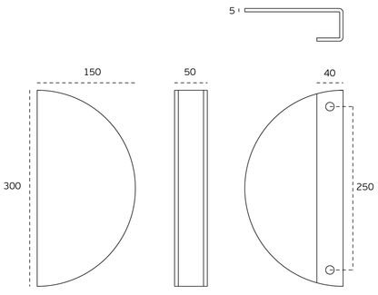 Black specification line drawing of the Matt Black Half Moon Pull Handle on a white background